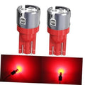 Red T10 wedge LED light bulb with silver housing and two metal pins