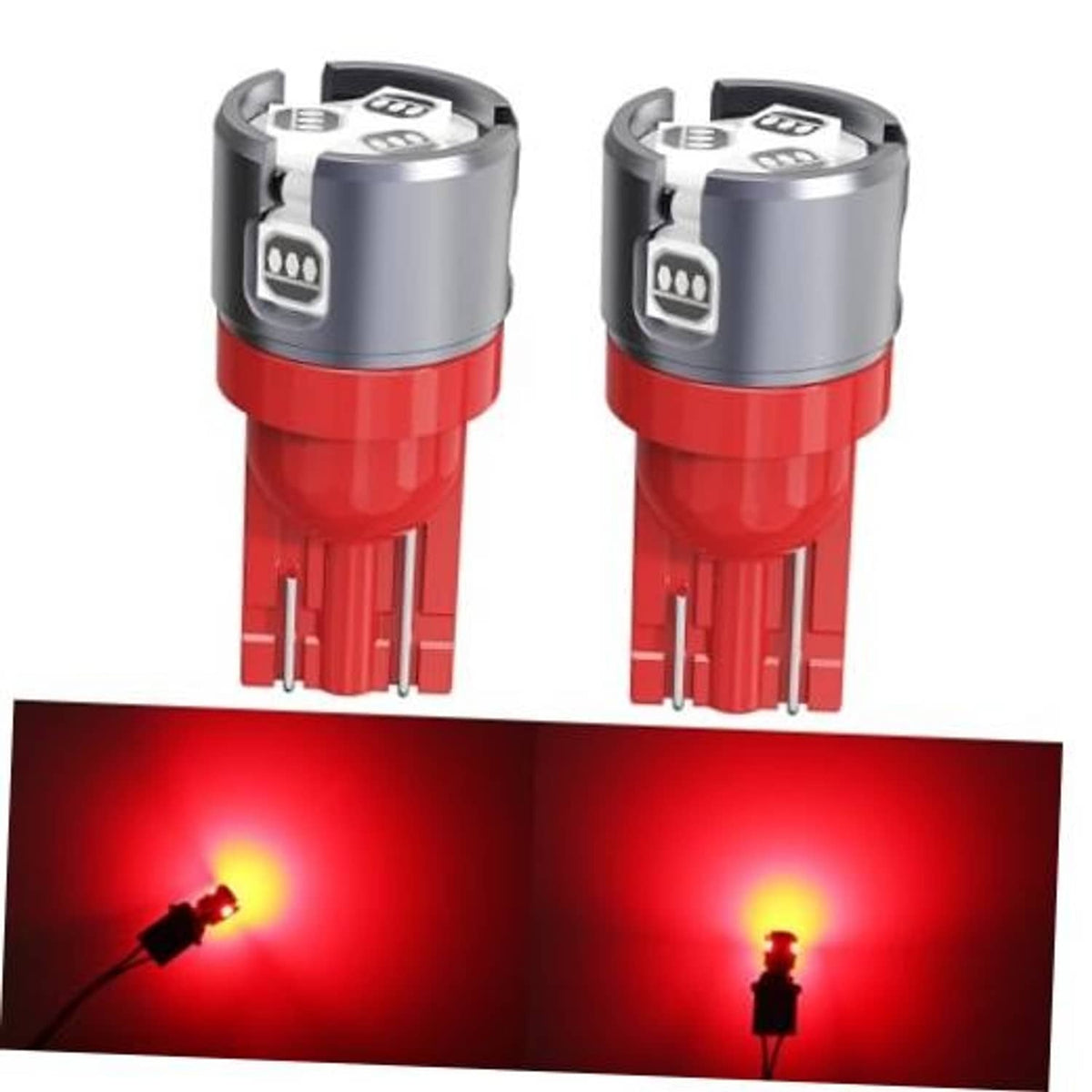 Red T10 wedge LED light bulb with silver housing and two metal pins