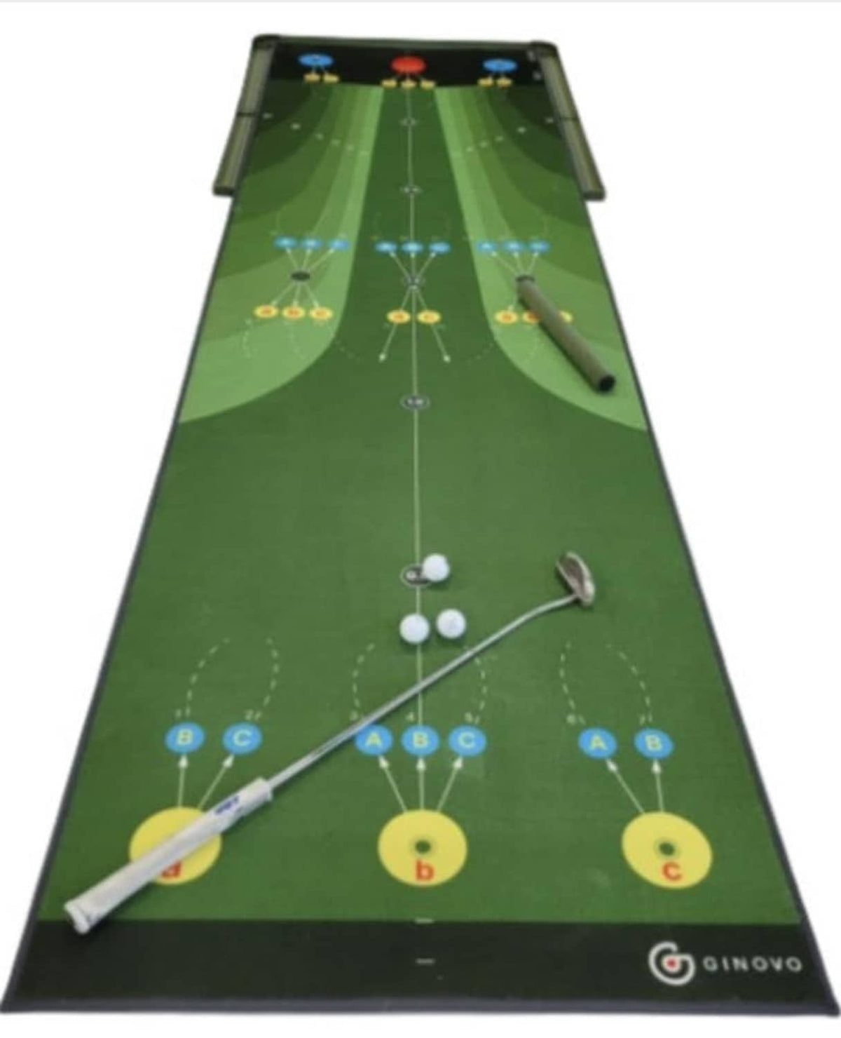 Sloped putting mat with alignment paths, golf ball and putter for indoor practice