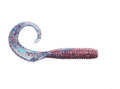 Glittery soft fishing lure worm with curly tail, iridescent purple-blue