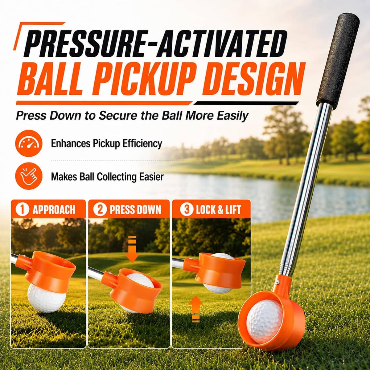 Pressure-activated orange golf ball scoop on a telescopic shaft