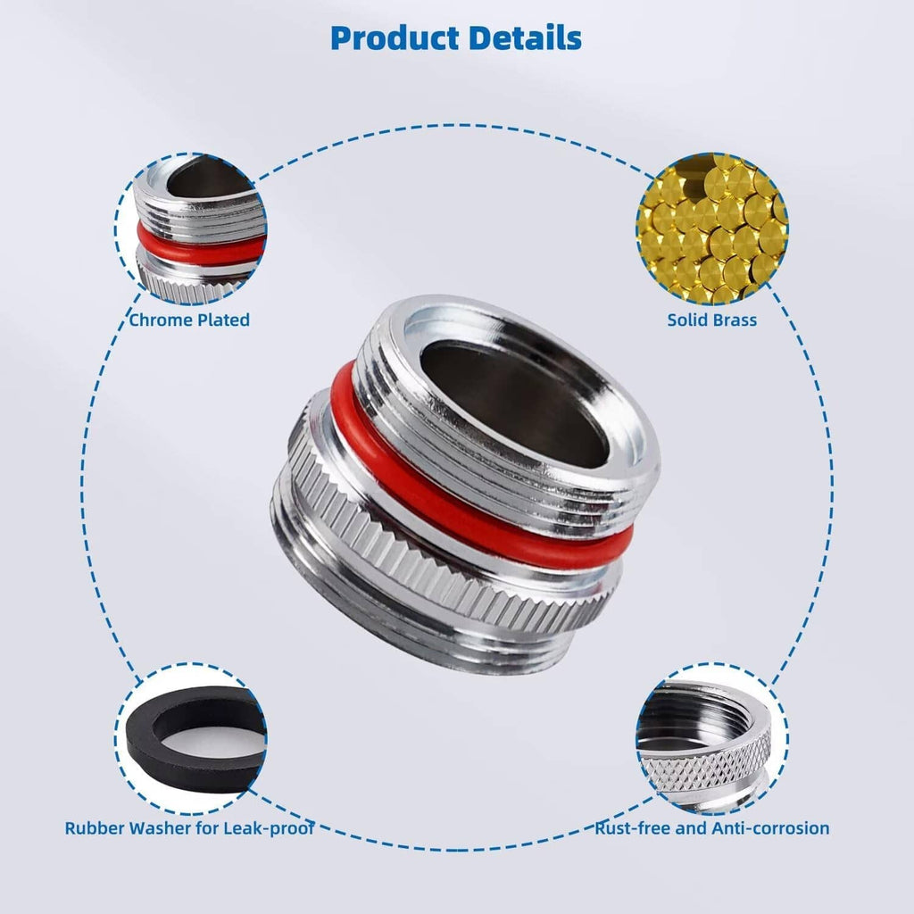 Chrome faucet adapter with red O-ring, black rubber washer, and solid brass inner core