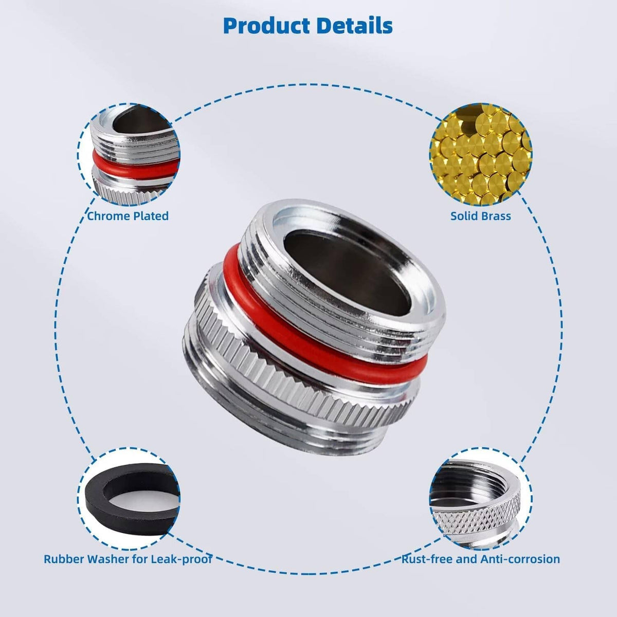 Chrome faucet adapter with red O-ring, black rubber washer, and solid brass inner core