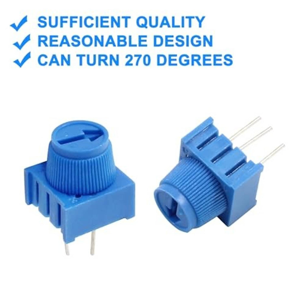 Blue panel-mount trim potentiometer with side tabs, knurled knob, and 3-pin leads