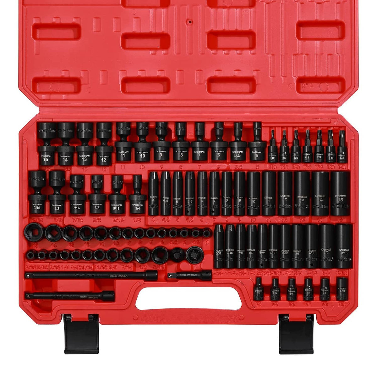 1/4 in drive impact socket set in red storage case with assorted black sockets