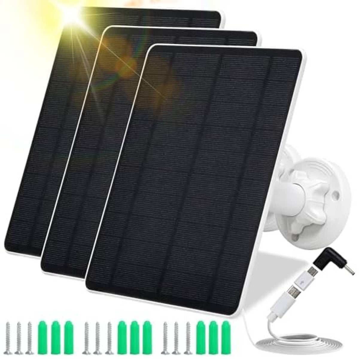 Solar panel set with white wall holder, USB cable, and assorted plug adapters