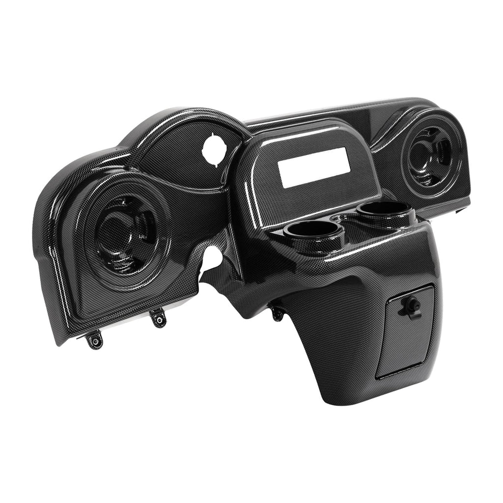 Carbon-fiber style radio and speaker dash cover, black with rectangular display cutout