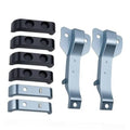 Heavy-duty radiator bracket kit with dark and light blue brackets, bolt holes included