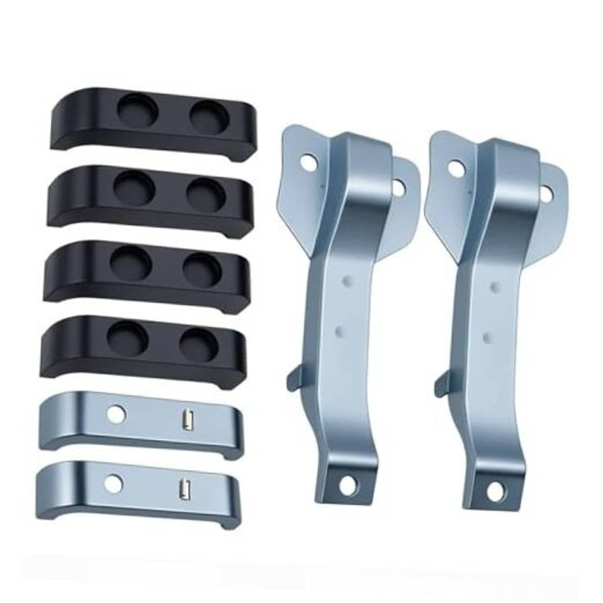 Heavy-duty radiator bracket kit with dark and light blue brackets, bolt holes included