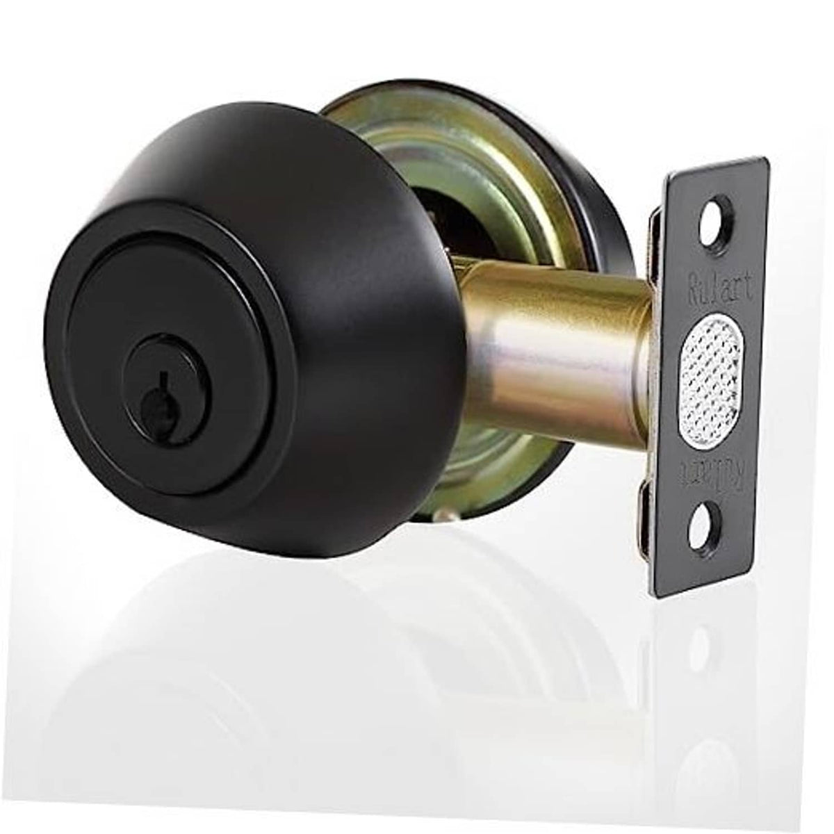 Black keyed deadbolt lock with round knob and metal strike plate, brass cylinder visible
