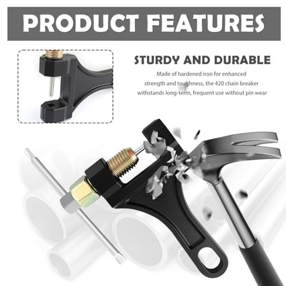 Motorcycle chain breaker tool with black handle, brass screw, and silver alignment rod