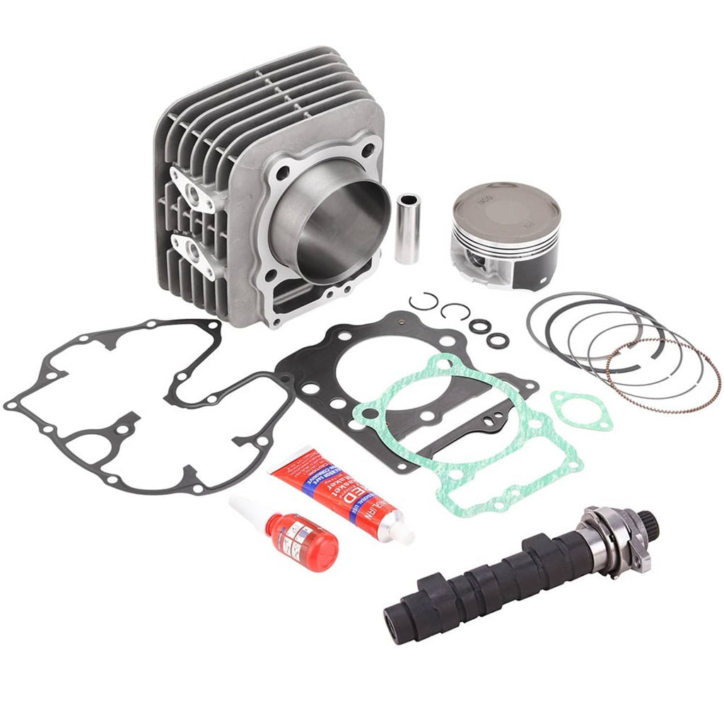 Cylinder and piston assembly kit with gasket set, piston rings, and camshaft part