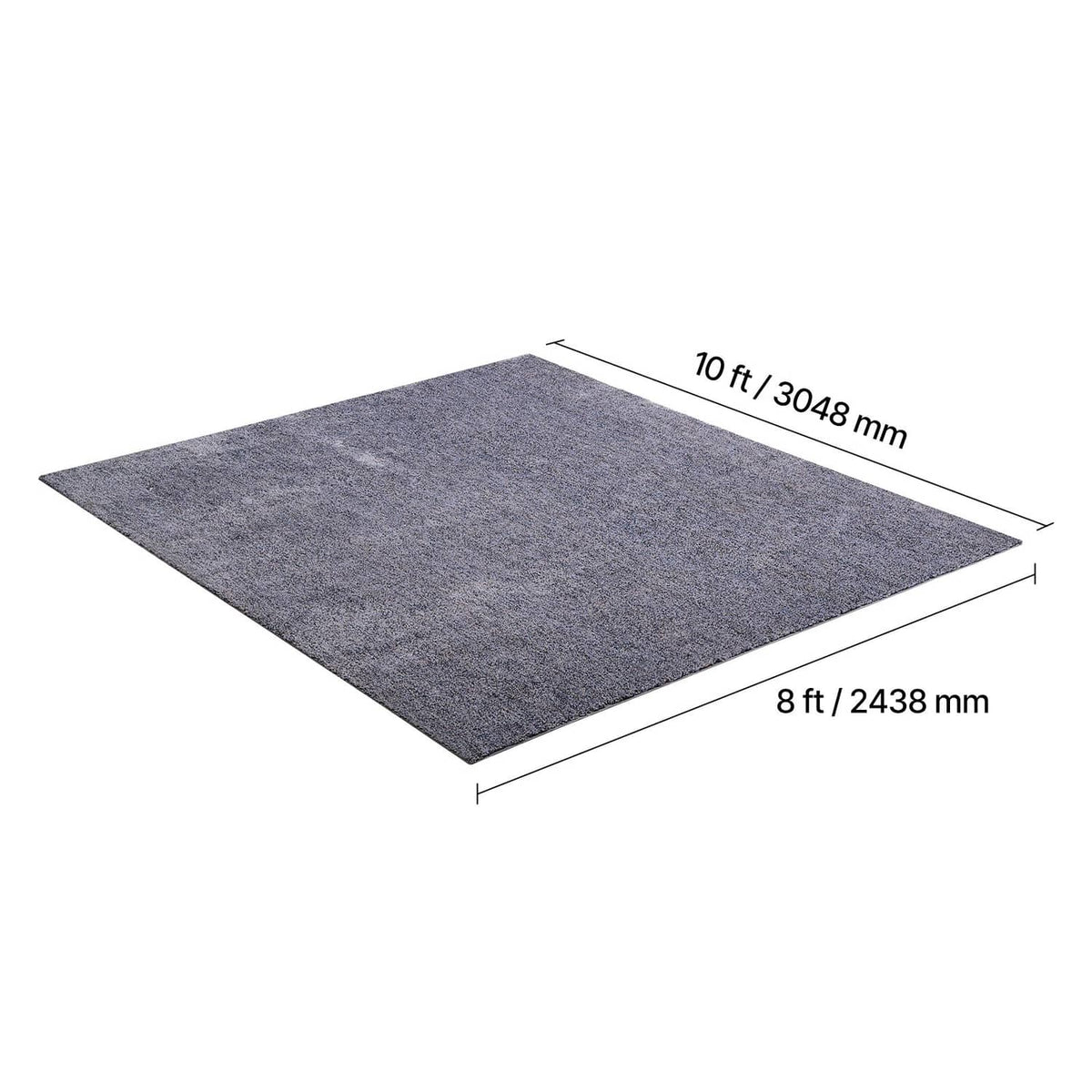 Gray plush area rug, 8 ft x 10 ft rectangle, top view with dimensions