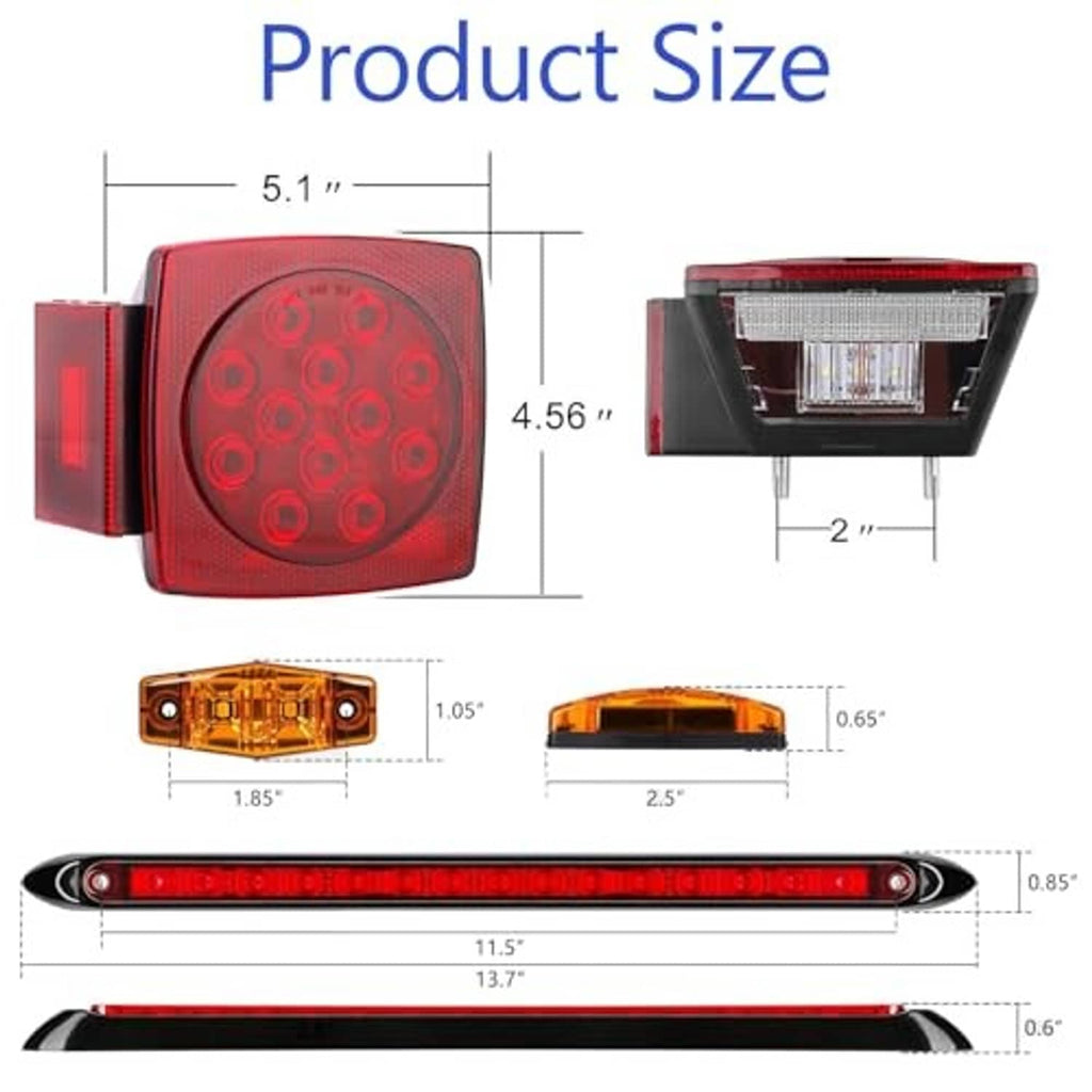 LED trailer light kit size diagram with red square lights and long light bar dimensions