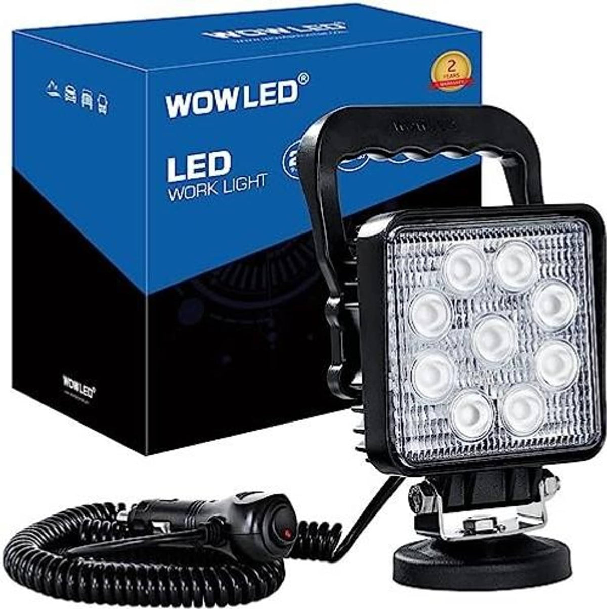 Portable LED work light on round base with black handle frame and square LED panel