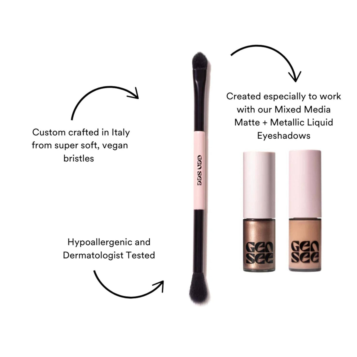 Dual-ended blender brush with two liquid eyeshadow tubes, pink and rose-gold