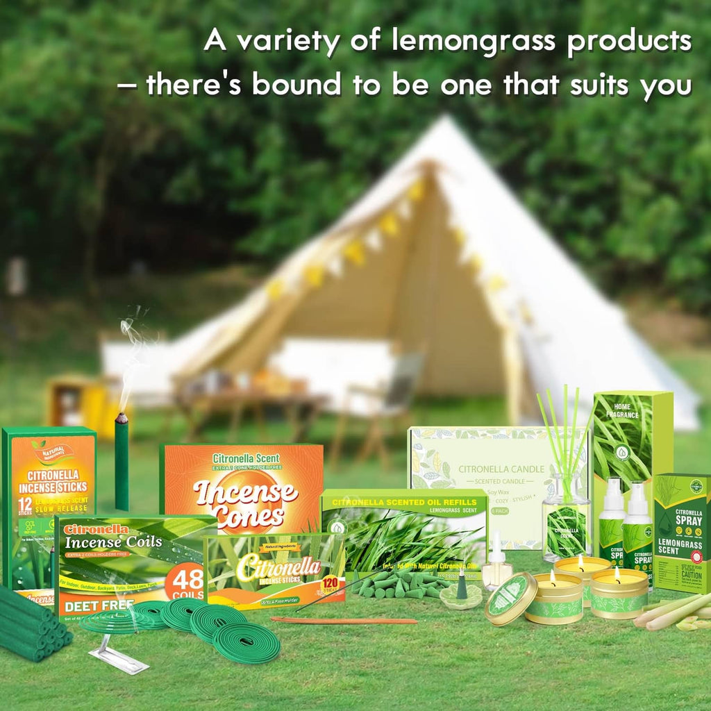 Assorted lemongrass incense products, including green incense sticks and coils