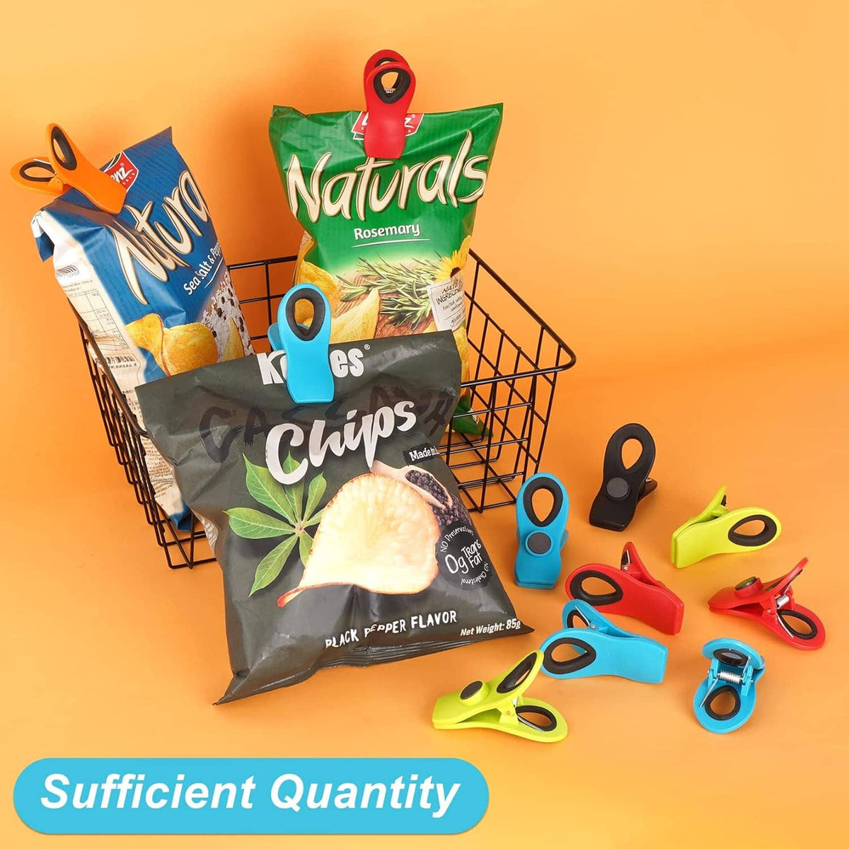 Colorful magnetic chip clips holding snack bags, assorted colors, set of 12
