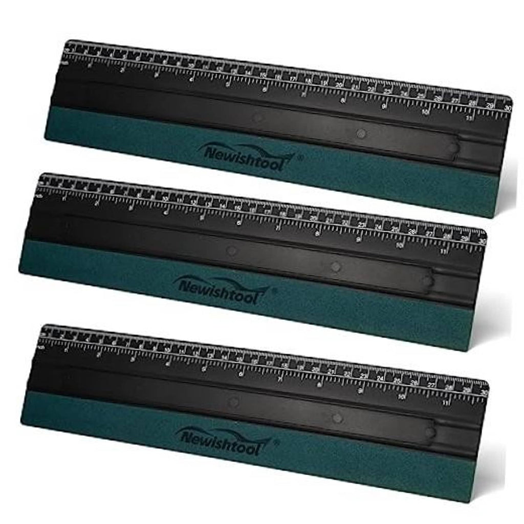 Black felt squeegee tool with ruler markings and teal edge pads, Newishtool logo.