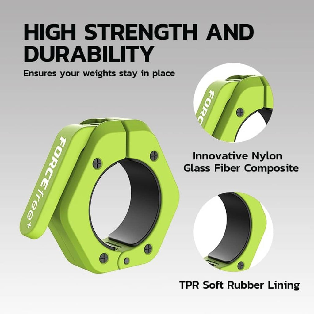 Forcefree+ barbell clamp, lime green housing with black inner ring and soft rubber lining