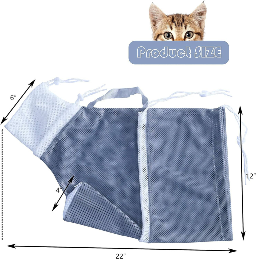 Blue cat bathing mesh bag with carry handle, drawstring ties, and center zipper