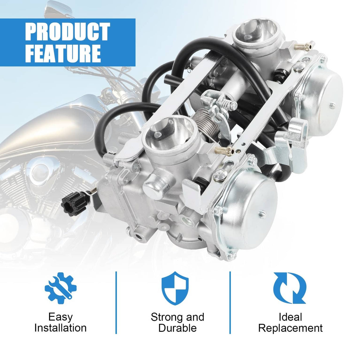 Dual carburetor assembly with black hoses and mounting bracket, front three-quarter view