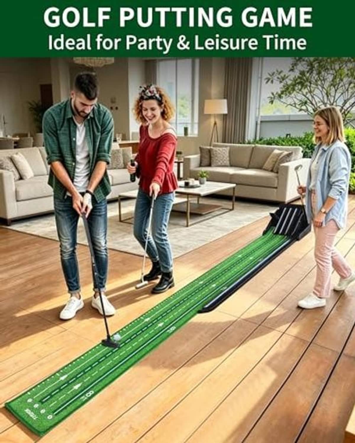 Green golf putting game mat with black ramp section, set up on indoor floor