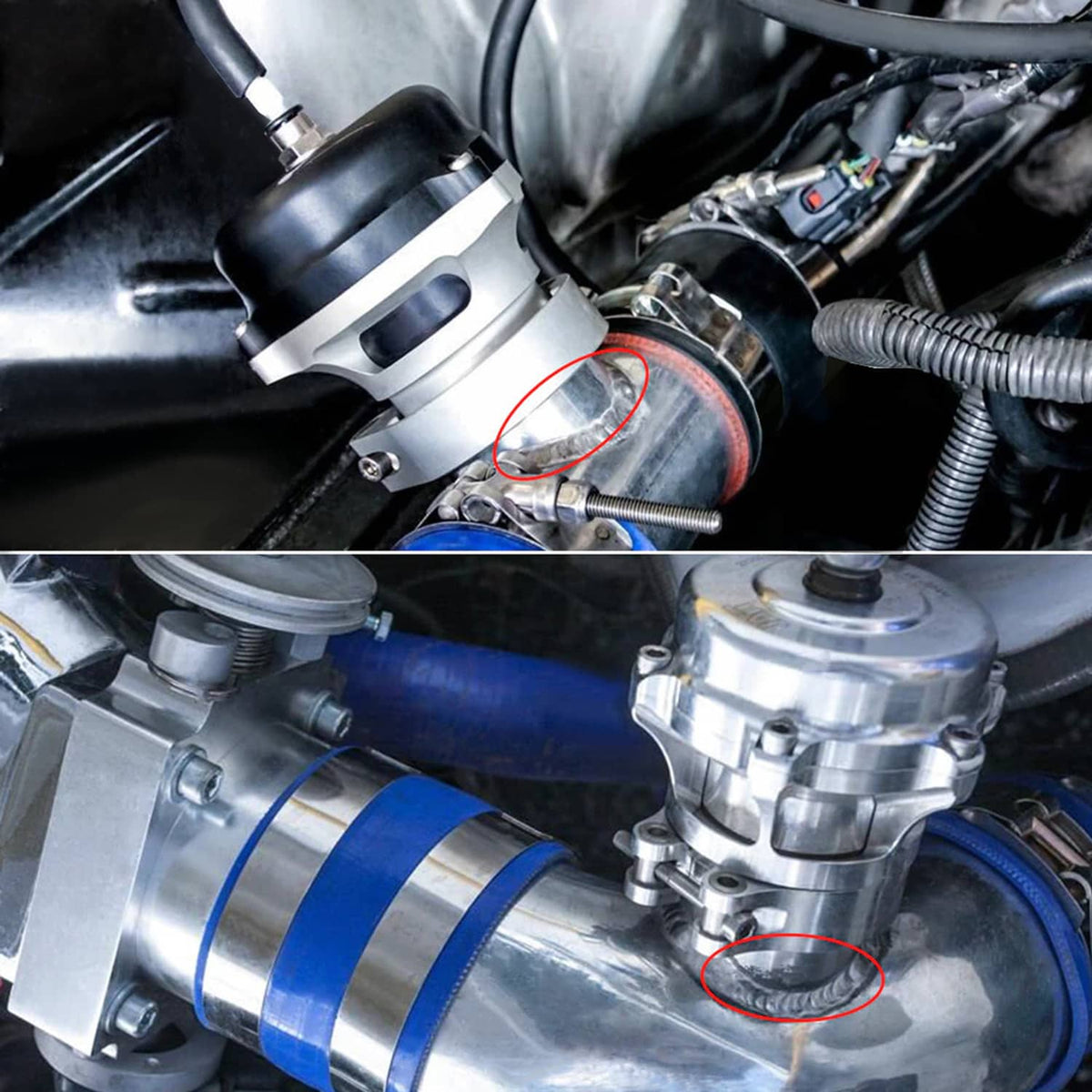 Aluminum v-band weld flange installed on turbo piping with visible clamp flange