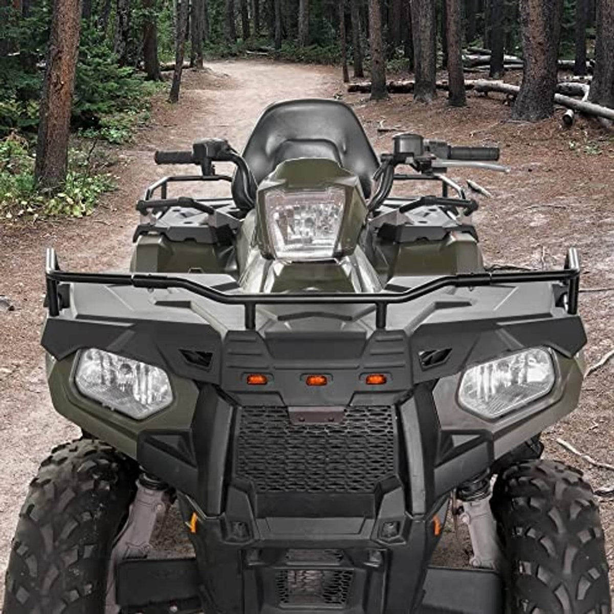 Front rack extender on ATV front bumper area, black tubular crossbar and supports