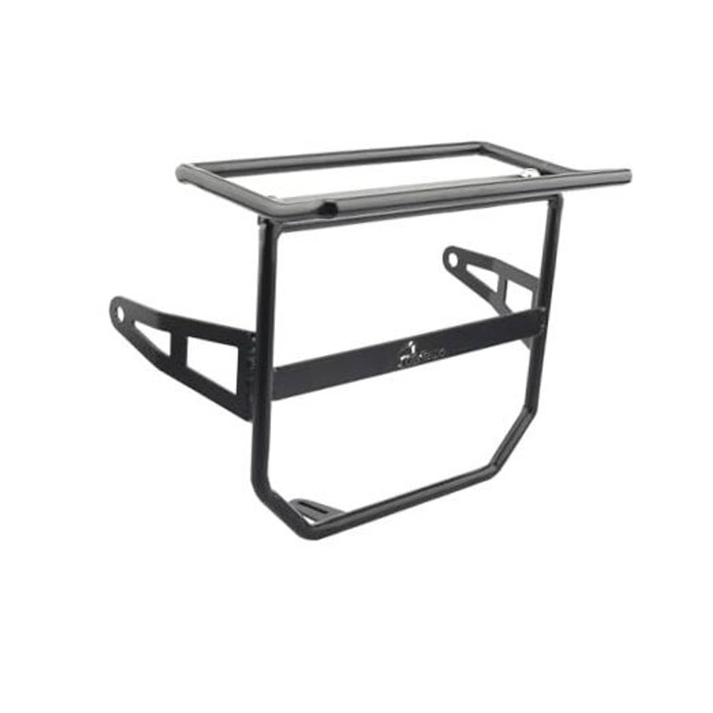 Front motorcycle luggage rack bracket with headlight guard, black steel frame and silver bar