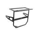 Front motorcycle luggage rack bracket with headlight guard, black steel frame and silver bar