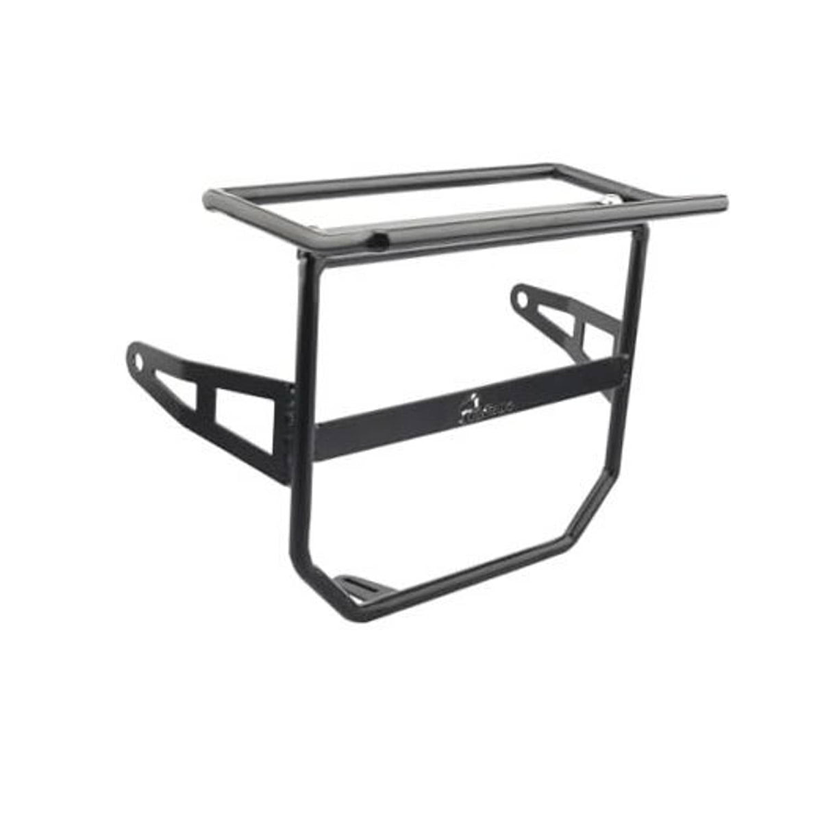 Front motorcycle luggage rack bracket with headlight guard, black steel frame and silver bar