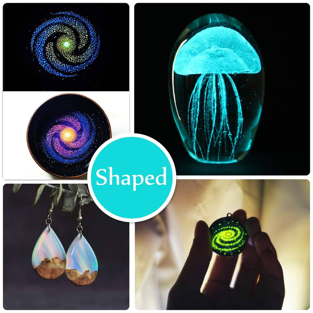 Glowing resin dye effects, including spiral, dome, and pendant shapes