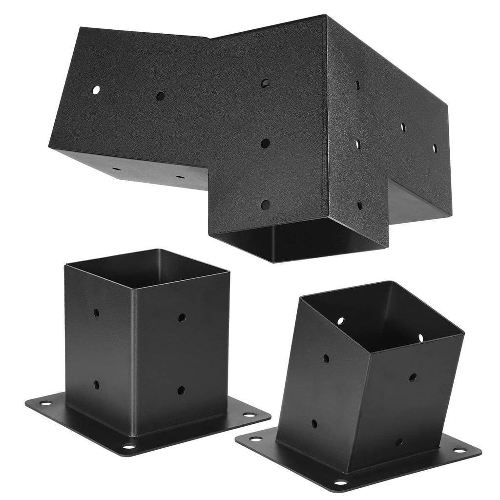Black metal 3-way slanted corner bracket kit with three base-mounted pieces