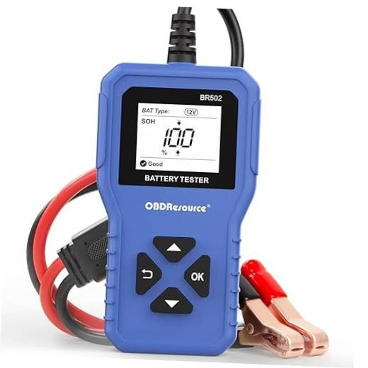 Blue handheld battery tester with LCD screen and red/black clamp leads attached