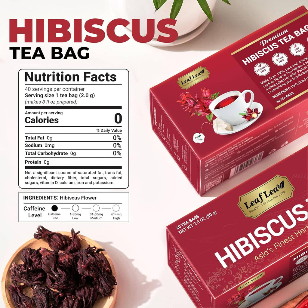 Hibiscus tea bag package back panel with nutrition facts and tea illustration