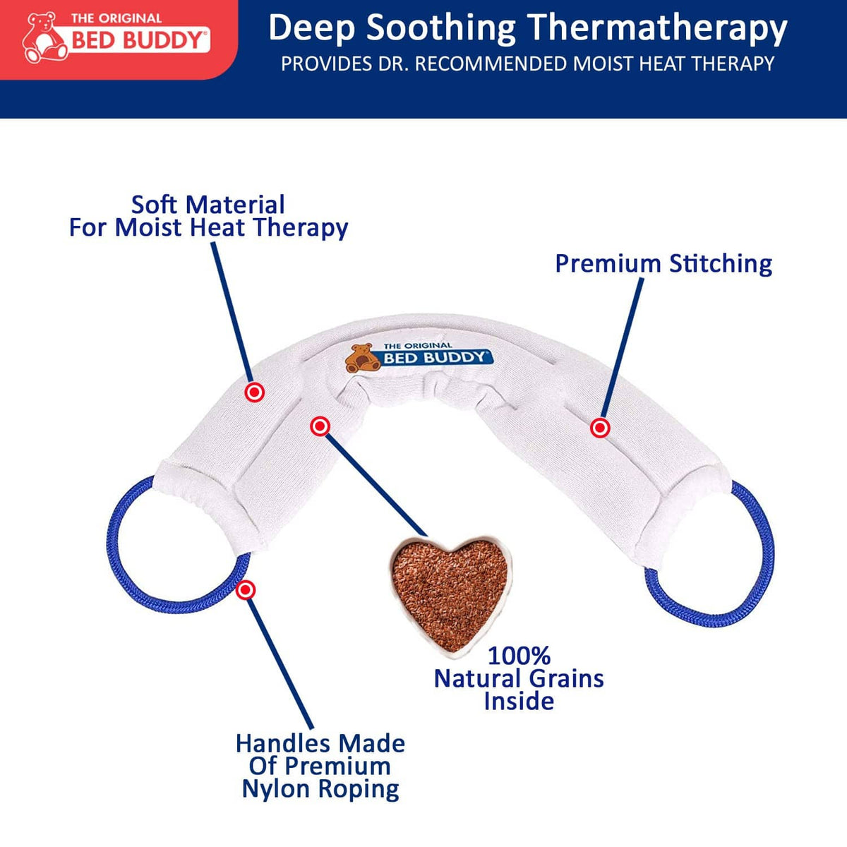 White neck wrap diagram with blue loops and heart-shaped filling inside