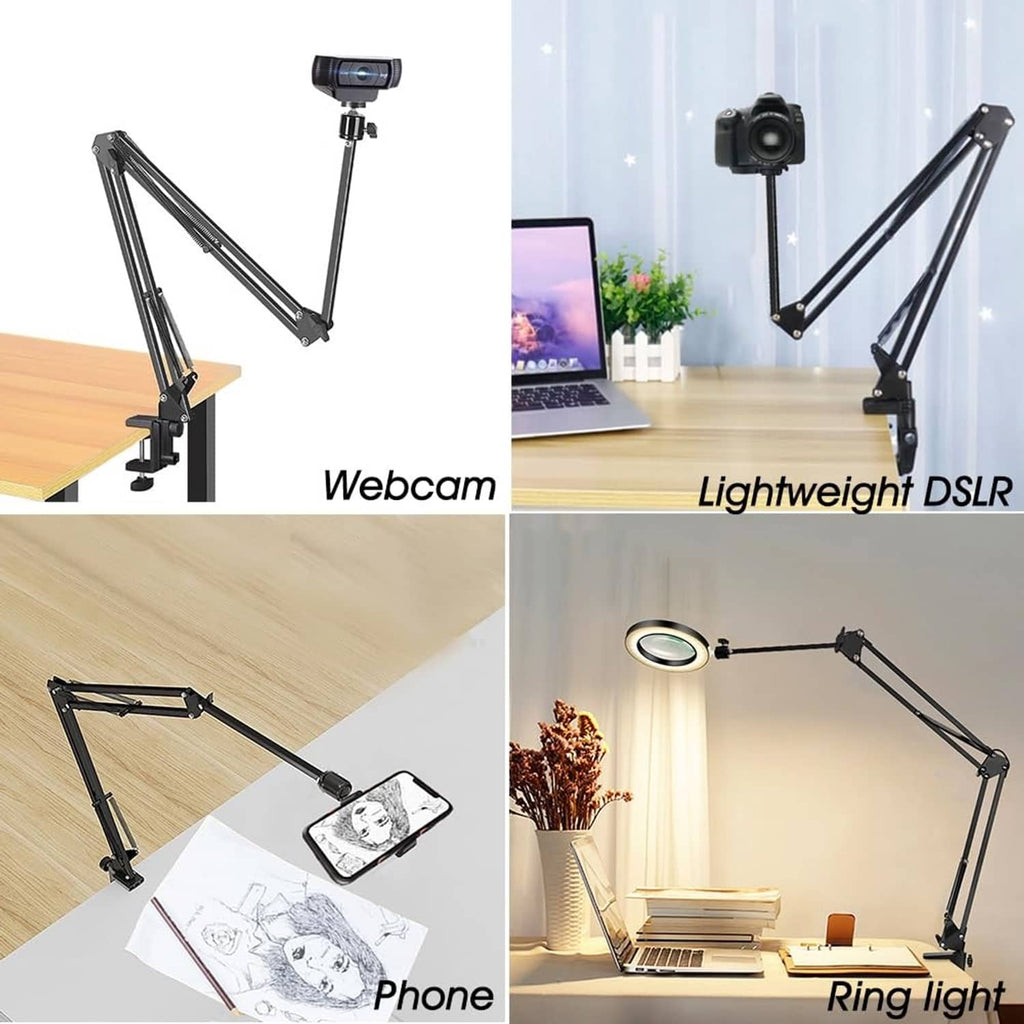 Black overhead tripod mount with arms for webcam, DSLR, phone, and ring light