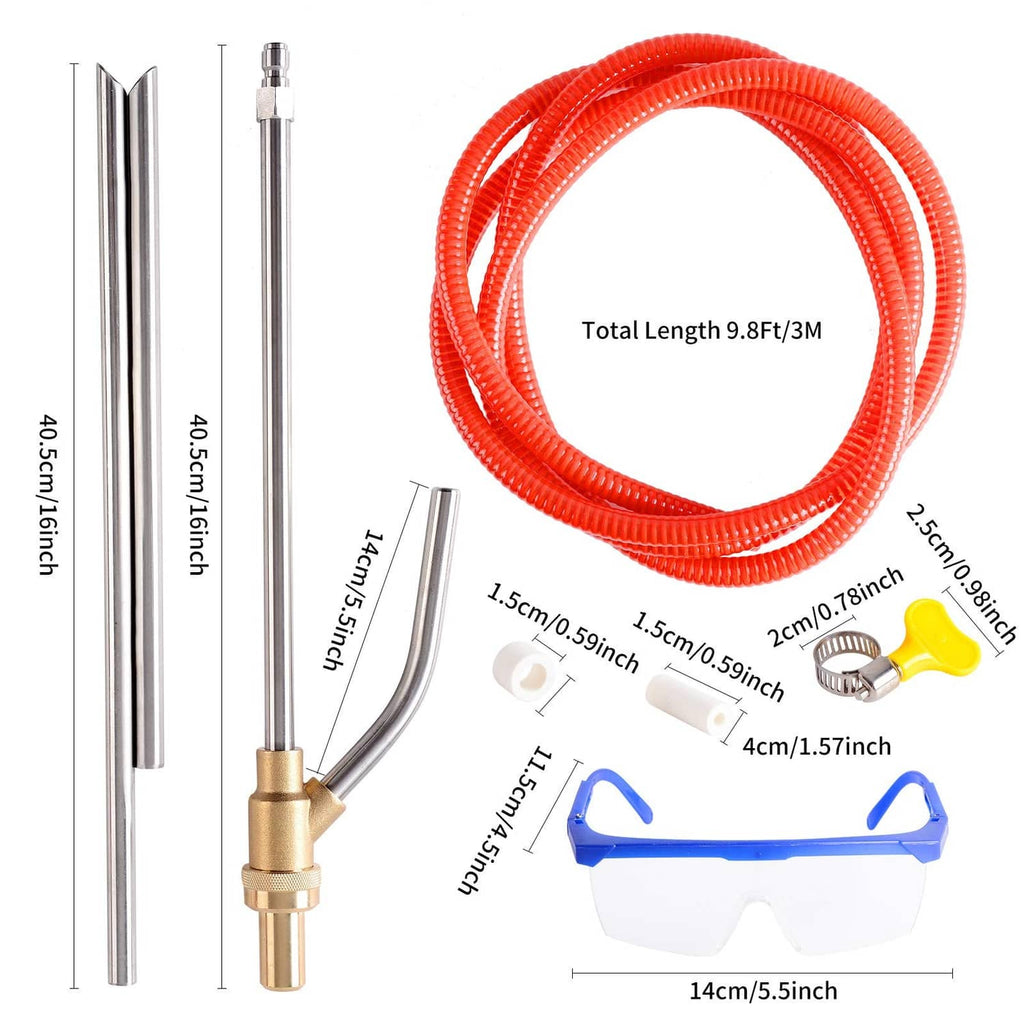 Sandblasting kit with red hose, metal wands, quick connectors, and mounting clips