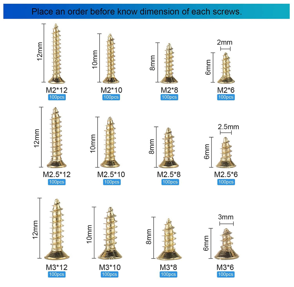 Gold plated self tapping screw set with size chart markings for M2 to M3