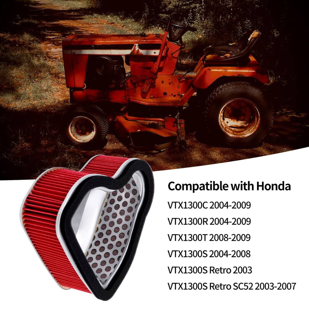 Compact triangular red pleated air filter with black foam frame and silver mesh center