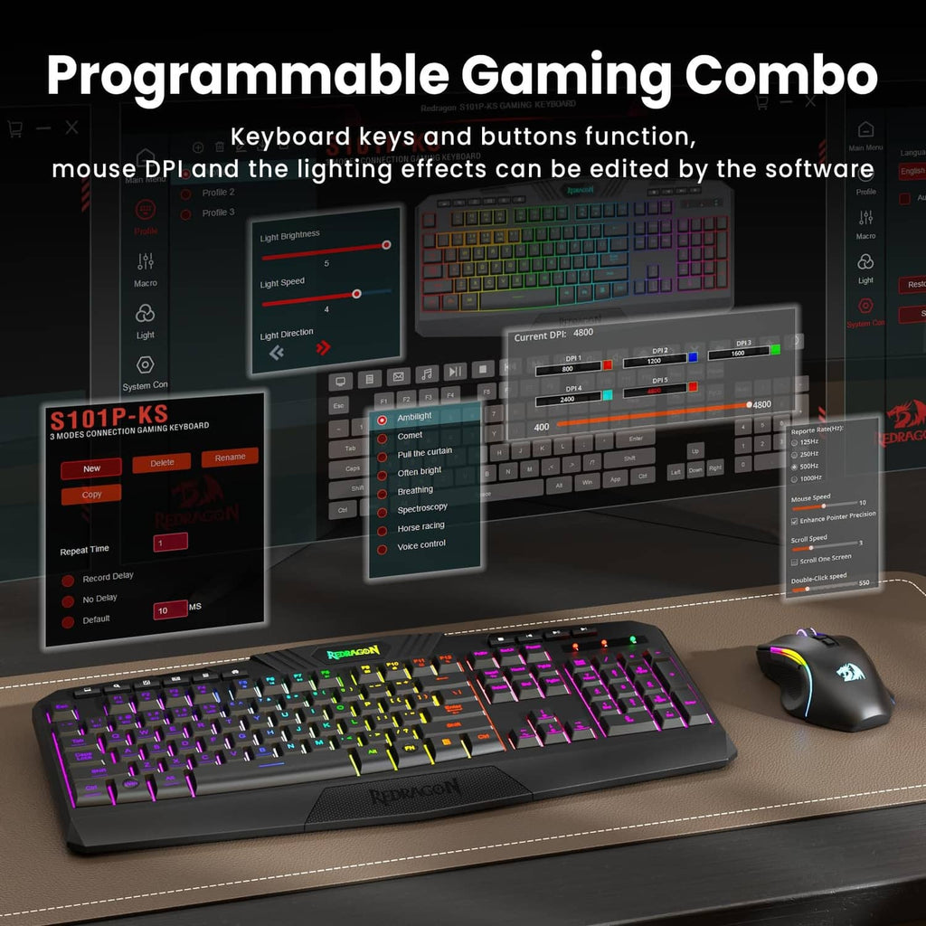Programmable gaming keyboard and mouse combo, black with multicolor RGB and side glow