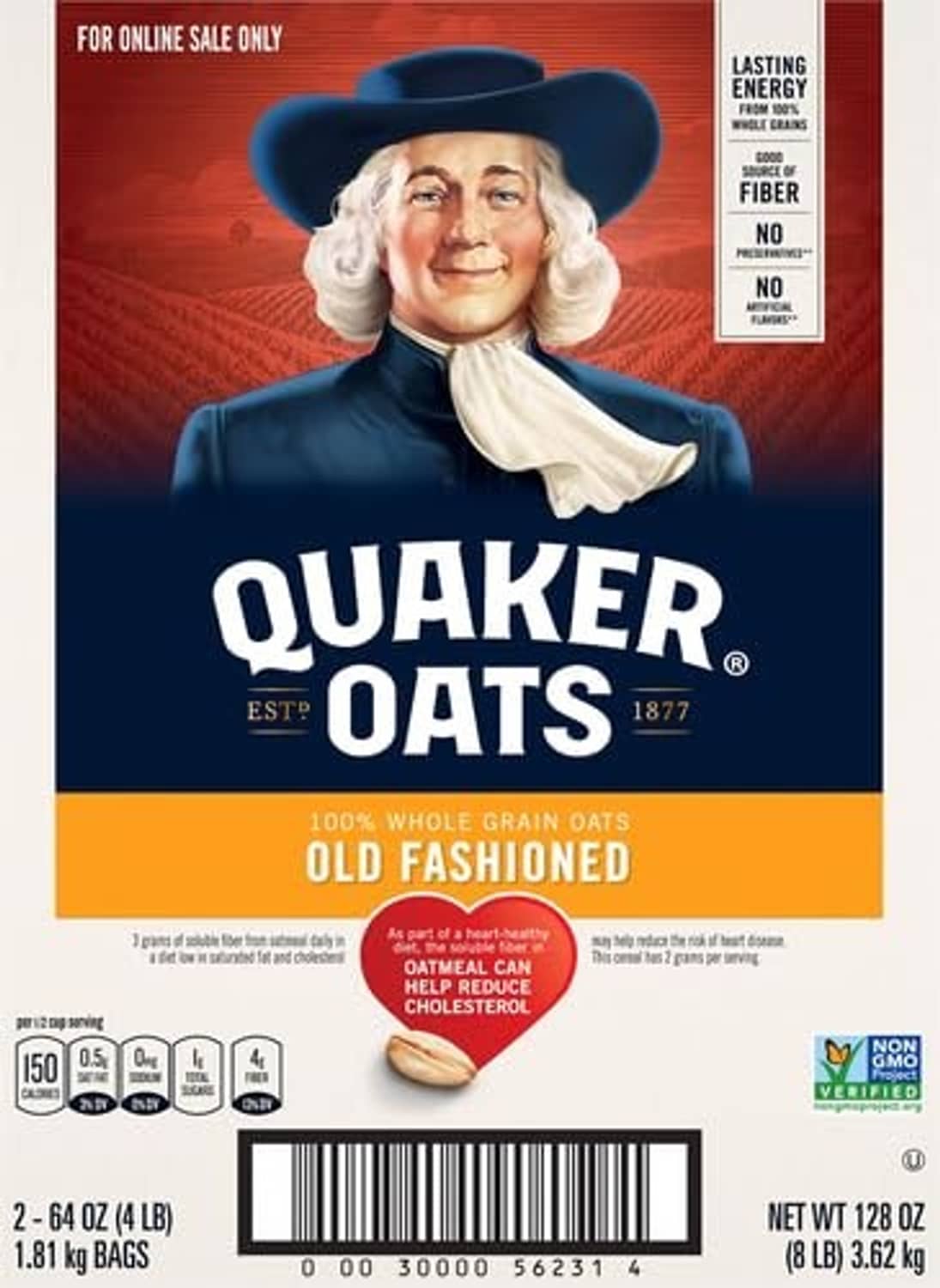 Quaker Old Fashioned oats cereal box front close-up with nutrition and serving icons