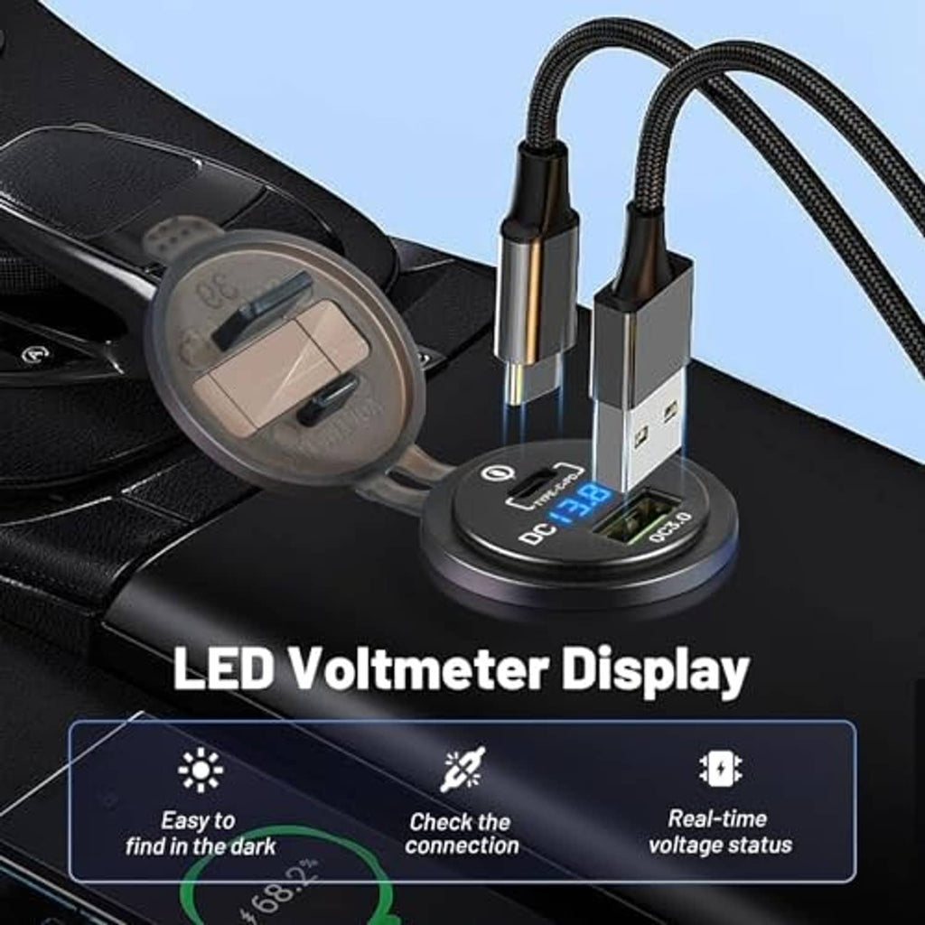 Car USB charger dock with LED voltmeter display and attached twin USB cables