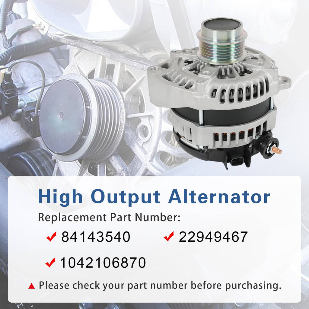 New alternator with silver pulley and black rear housing, shown mounted for service