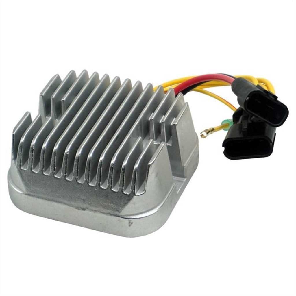 Aluminum voltage regulator/rectifier with finned heat sink and wire connectors