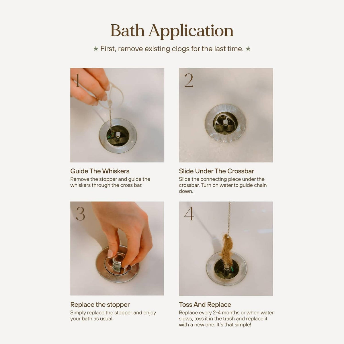 White bathtub drain hair catcher shown being placed into a round drain with flexible chain