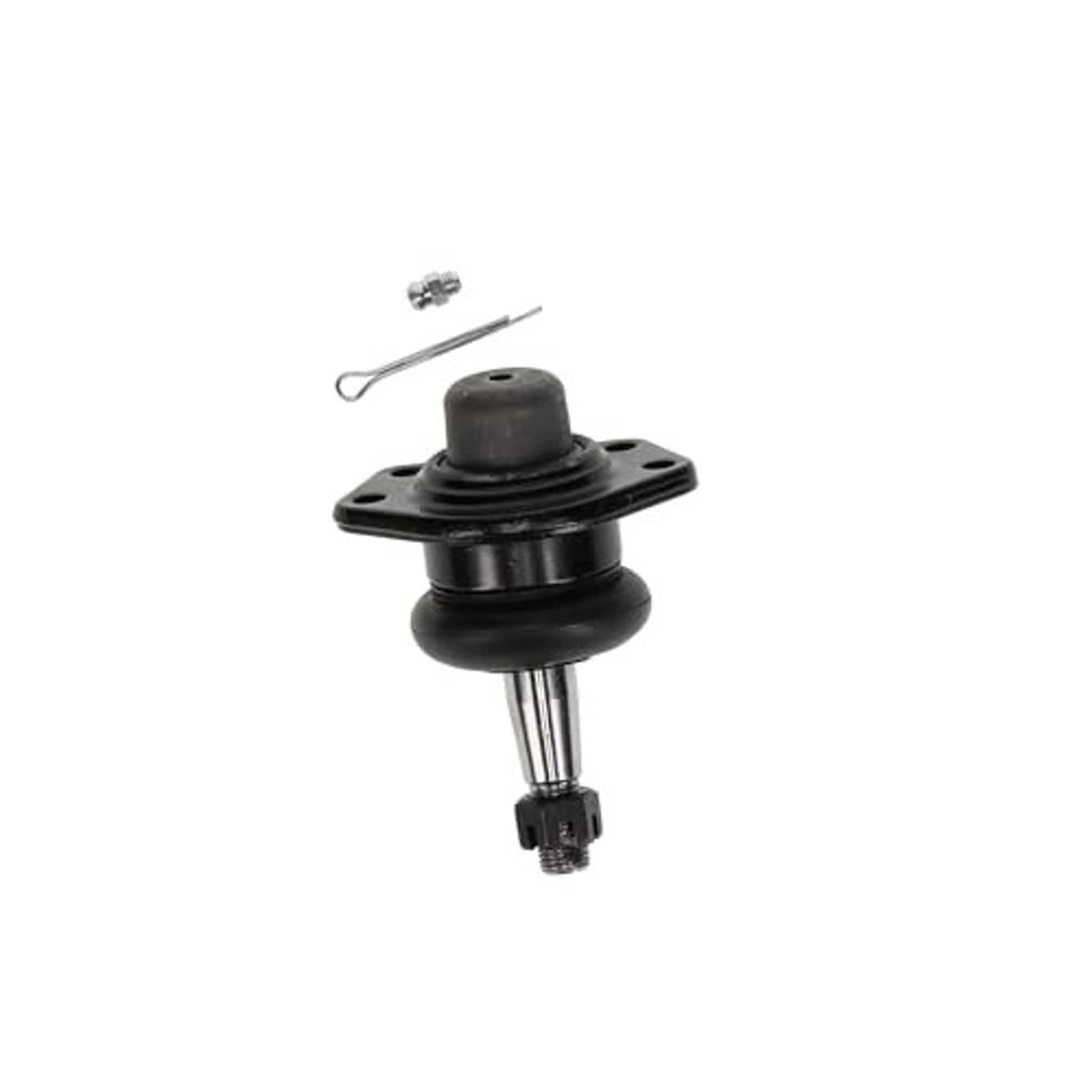 Front upper suspension ball joint with black base plate, rubber boot, and pin