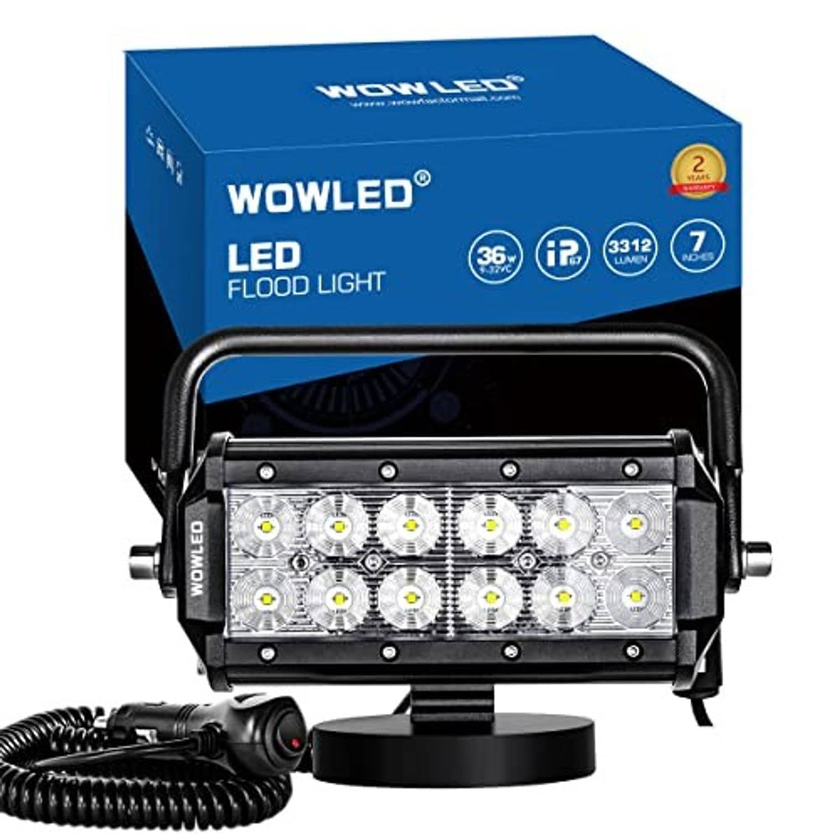 WOWLED portable LED flood work light with front array of round LEDs and side handle