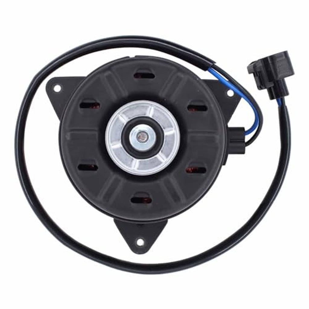 Radiator cooling fan motor, top view with round silver hub and black mounting base